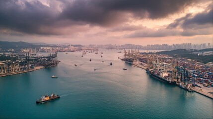 Obraz premium A bird's-eye perspective of a busy port with towering cranes, capturing the energy of industrial activity.