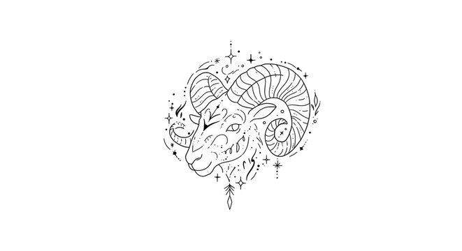 Line art illustration of an Aries ram head, detailed design with celestial elements, minimalist style, black and white aesthetic, against a white background.