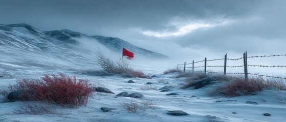 Misty winter landscape with red flag