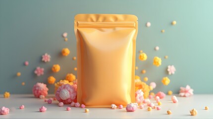 Fototapeta premium Blank Gold Stand-Up Pouch with Candies on Pastel Background