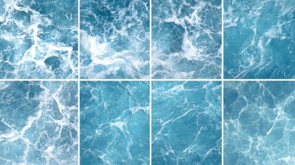 Fototapeta premium Water surfaces display a captivating mix of blues and whites as waves crash and recede. The endless movement reflects sunlight, enhancing the tranquil coastal vista at midday.
