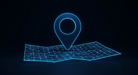 Futuristic glowing blue location icon placed on a digital grid surface, minimal dark background with neon effect