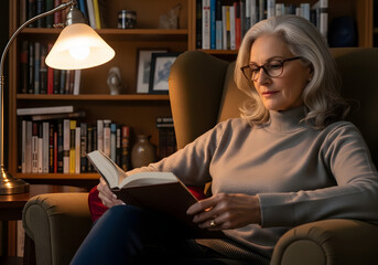 Elegant Mature Woman Reading a Book in Cozy Library Graceful Aging and Peaceful Evening at Home