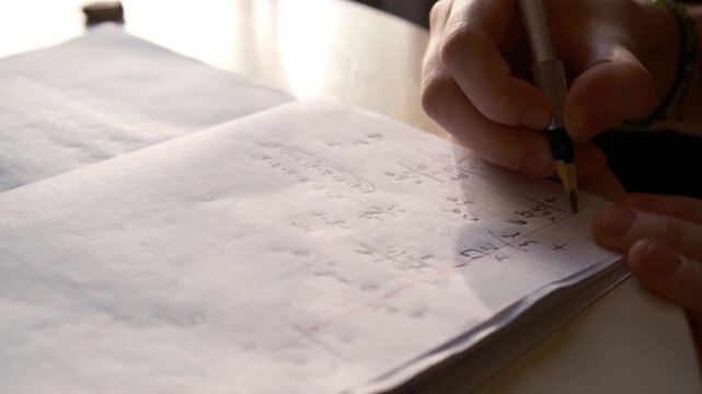 Copybook with handwritten maths formulas, teenager doing mathematics homework at home close up