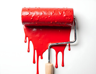 Red and roller paint with white background.