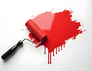 Red and roller paint with white background.