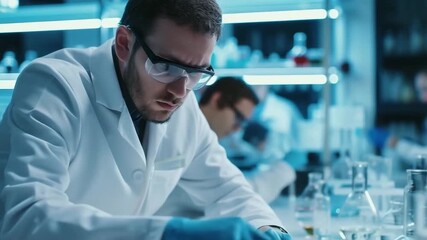A group of diverse scientists in a modern medical laboratory, wearing lab coats and safety goggles, conducting experiments and research. The video features copy space for text or additional elements. - Powered by Adobe