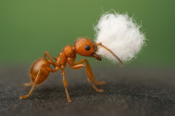 Tiny orange ant carrying a large fluffy white seed or dandelion puff
