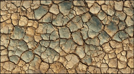 This landscape features cracked earth, depicting severe drought conditions during midday. The dry soil patterns reveal the effects of prolonged dry weather in a rural setting.