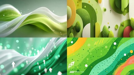 Green themed collage flowing fabric, foliage patterns, and abstract designs