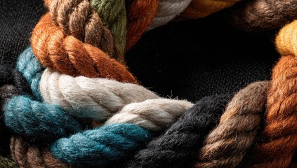Colorful ropes intertwined in a circular pattern against a dark backdrop