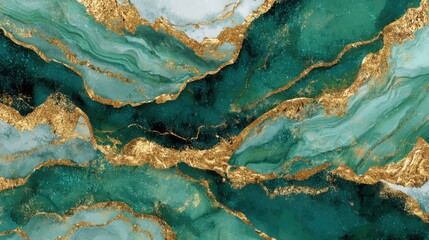 Fototapeta premium Abstract artwork displays vivid green marble swirls intertwined with striking gold lines. The design evokes a sense of nature and elegance, suitable for contemporary decor.