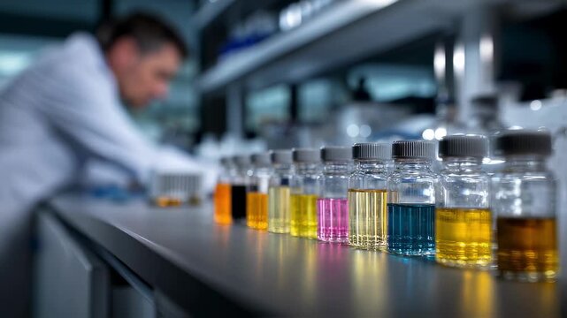 Highangle shot of microplates filled with various colored solutions resting on a lab bench with a biochemists focused presence and white lab lights illuminating the workspace.