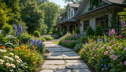 Fototapeta premium Beautiful Stone Pathway Surrounded by Colorful Flowers and Lush Greenery Leading to a Modern Home