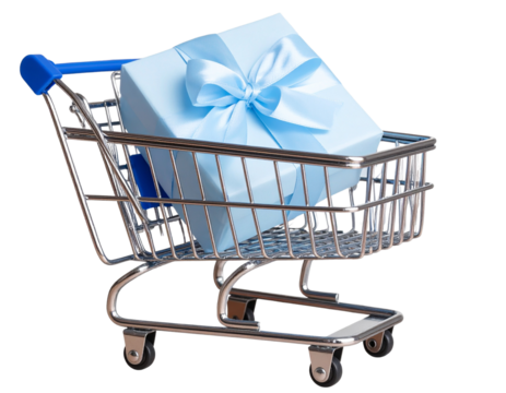 Blue Shopping Cart with Light Blue Gift Box – Transparent PNG