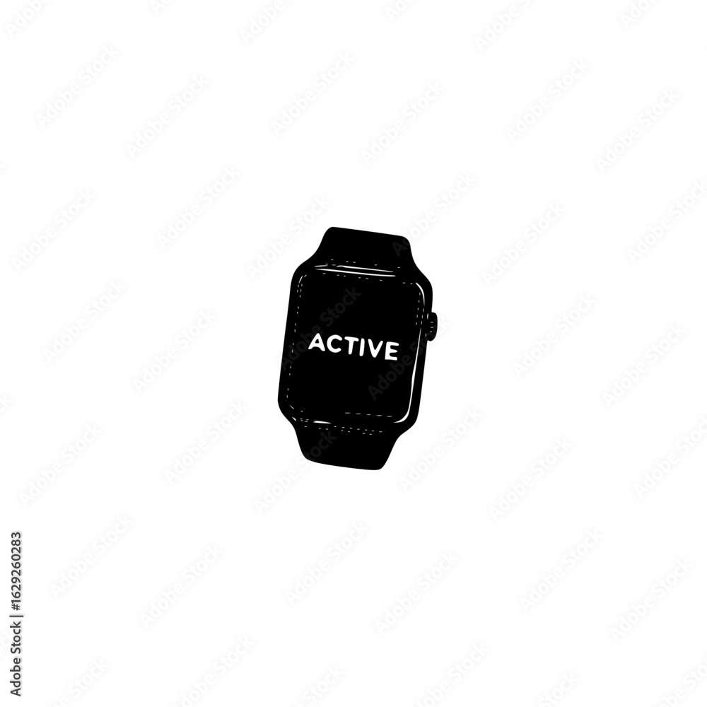 Poster smartwatch displaying the word active on screen for fitness motivation and activity tracking feature