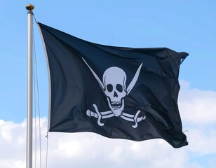 Black pirate flag waving in a clear blue sky