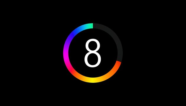 A vibrant circular rainbow loading indicator encircles a white numeral eight against a black background
