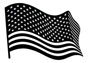 Waving American flag with stars and stripes in black and white silhouette