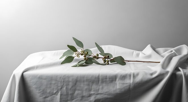 Eucalyptus branch resting on white linen evokes calm simplicity and natural beauty
