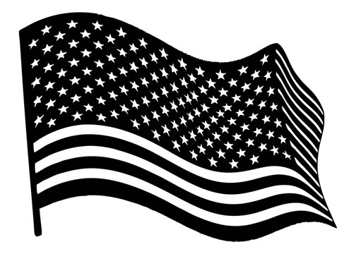 Waving American flag with stars and stripes in black and white silhouette
