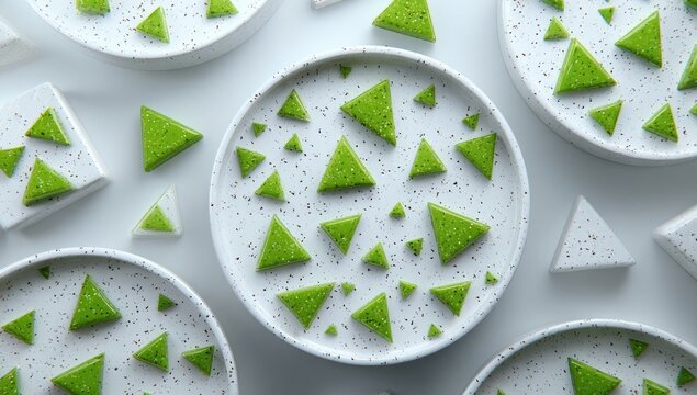 Abstract pattern of green triangles on white circles and squares