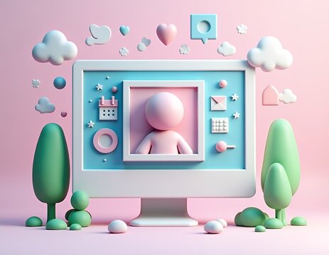 Pastel digital interface with playful icons and abstract figures image