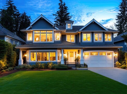 Stylish home at twilight, lit windows