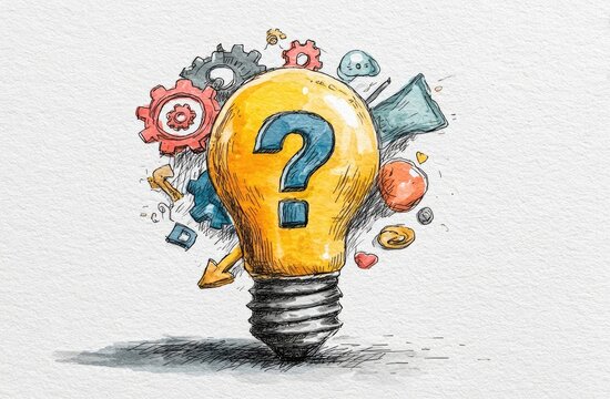 Hand-drawn lightbulb with question mark, surrounded by gears and abstract shapes