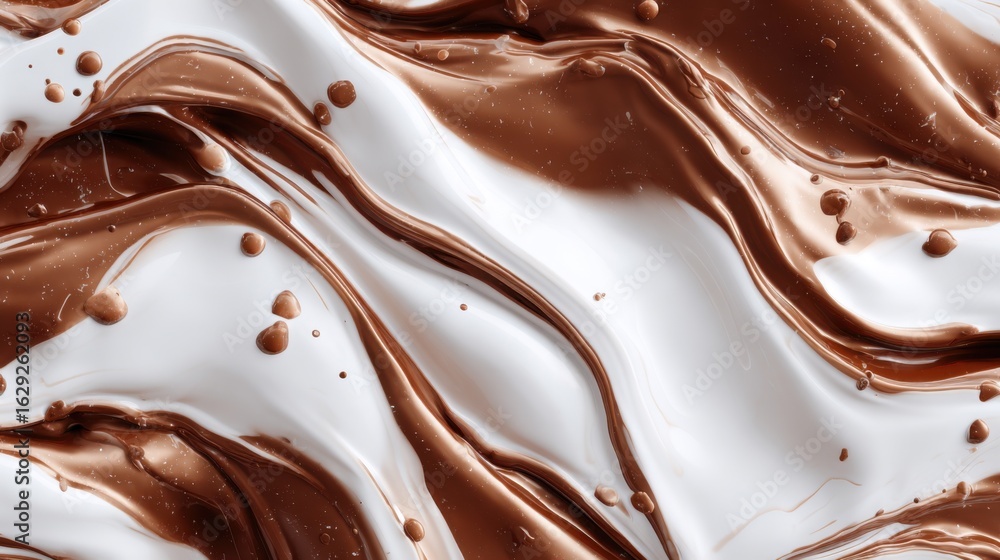 Poster Rich chocolate merges with creamy white, creating a mesmerizing swirl pattern. The shiny surfaces reflect light, adding depth to the culinary artwork.