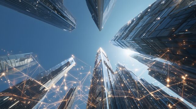 Futuristic smart city skyline with tall glass skyscrapers connected by glowing digital data nodes, symbolizing technology, innovation, connectivity, and modern urban infrastructure.