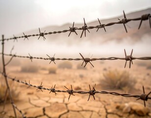 Barbed wire fence stretches across a hazy, dry, cracked landscape
