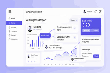E-learning platform UI featuring AI-driven student analytics and progress reports. A modern virtual classroom dashboard vector design.