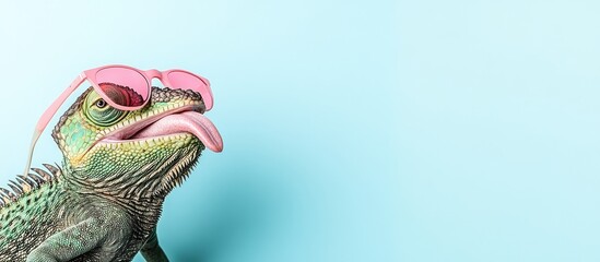 A green chameleon wearing pink sunglasses sticks its tongue out against a light blue background