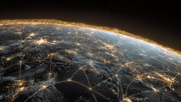 Earth, networked by golden lines of light, seen from space.  City lights illuminate the surface.  Distant stars and deep space backdrop