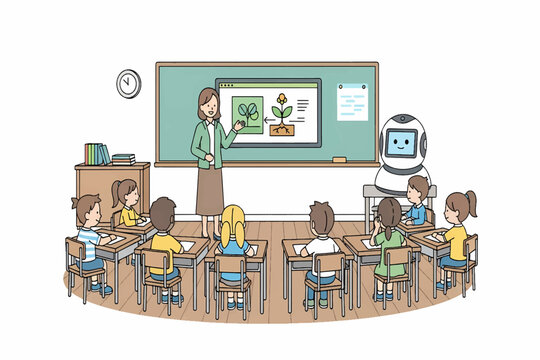 Innovative education concept showing a teacher and AI robot co-teaching a science lesson to elementary students in a modern classroom.
