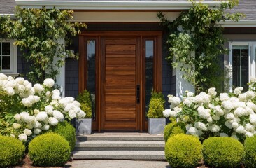 Rich Wooden Door Framed by Lush White Hydrangeas and Climbing Green Vines