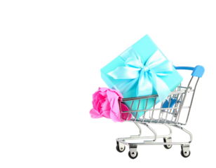 Gift-Filled Shopping Cart – Festive Blue Concept – Transparent Background