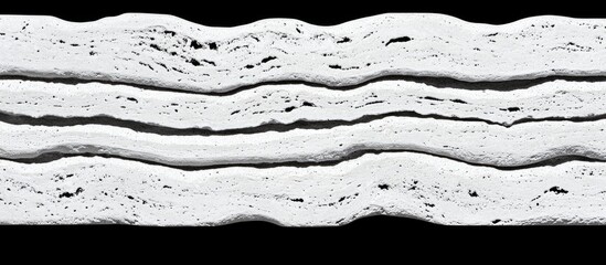 Four wavy, porous, off-white strips layered horizontally, speckled with tiny dark spots against a black background
