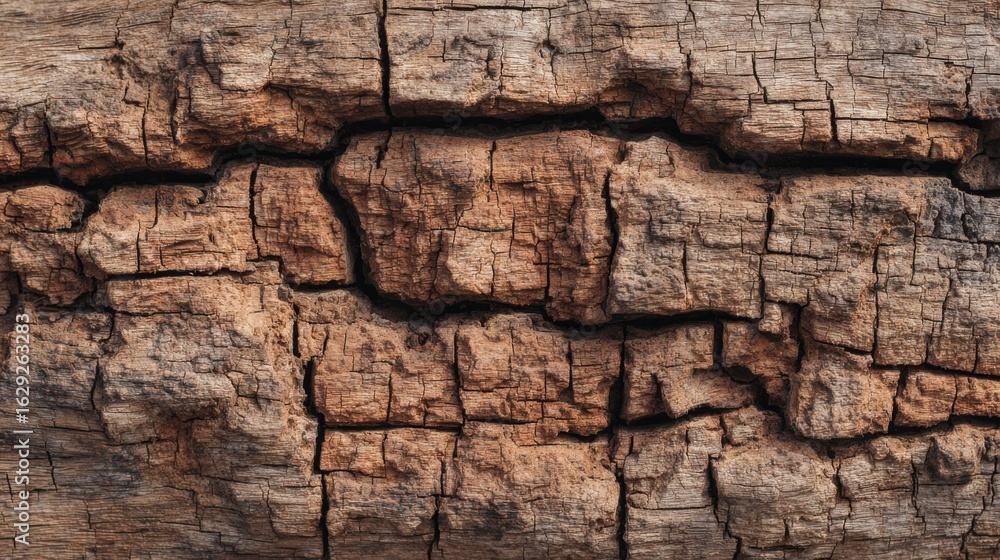 Poster close-up view of a weathered wooden surface, showcasing deep cracks and crevices formed by years of 