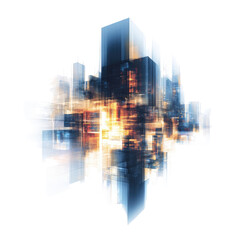 Abstract cityscape, multiple perspectives layered into a stylized, glowing shape