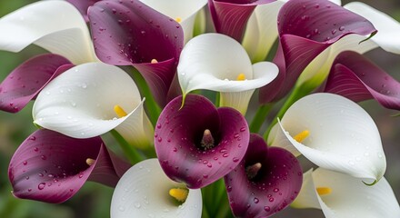 Elegant Duet: A Breathtaking Display of White and Plum Calla Lilies Adorned with Morning Dew







