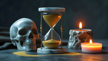 Symbolic Still Life with Marble Skull, Hourglass, and Candles