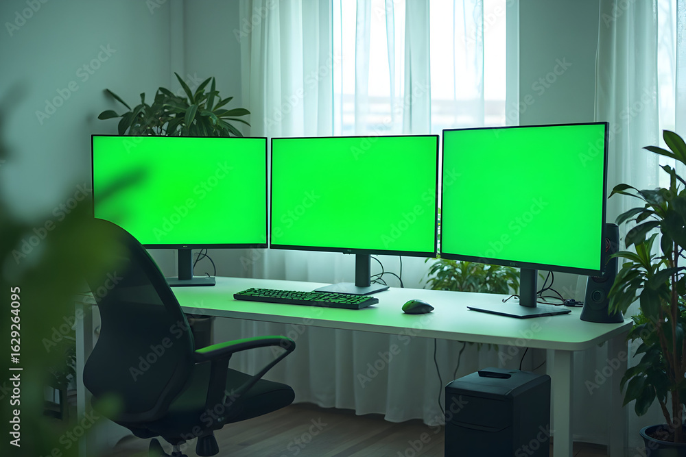 Poster workspace setup with three computer monitors and green screens