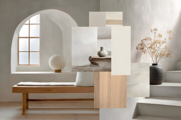 mood board of modern living room with white furniture.