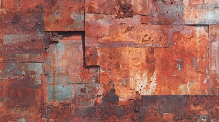 A series of rusty metal panels forms a textured wall, showcasing vibrant shades of orange and blue. The corrosion highlights the age and wear of the material in an industrial environment.