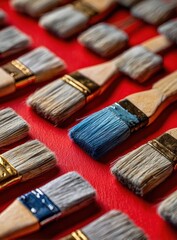 Fototapeta premium Row of Paintbrushes: One Blue, Red Background, Artistic Composition.