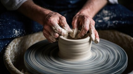Skilled hands shape a ceramic vessel on a potter's wheel.