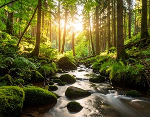 Sunlit forest stream. Lush greenery