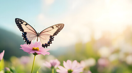 Obraz premium abstract concept of breast cancer, cancer free, October campaign and new beginning. A butterfly landing on a pink flower in a garden symbol